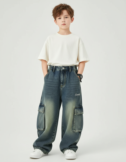 Pantalon Cargo Enfant Jean Ample Délavé Poches - Bleu