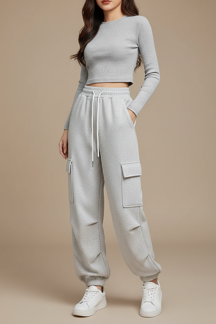 Pantalon Cargo Gris Ample Molletonné Multipoches Décontracté