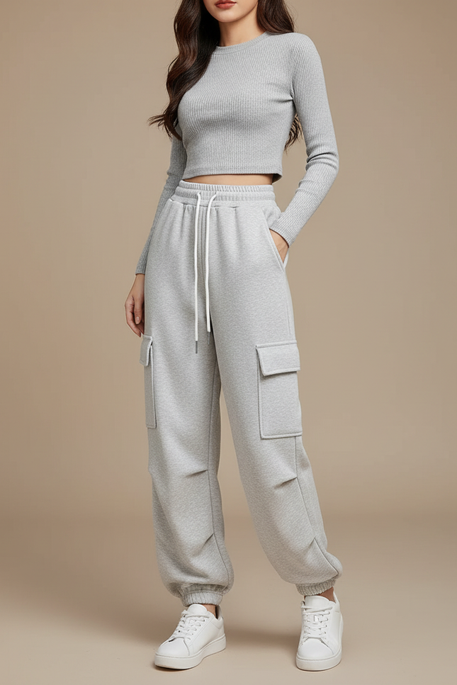 Pantalon Cargo Gris Ample Molletonné Multipoches Décontracté