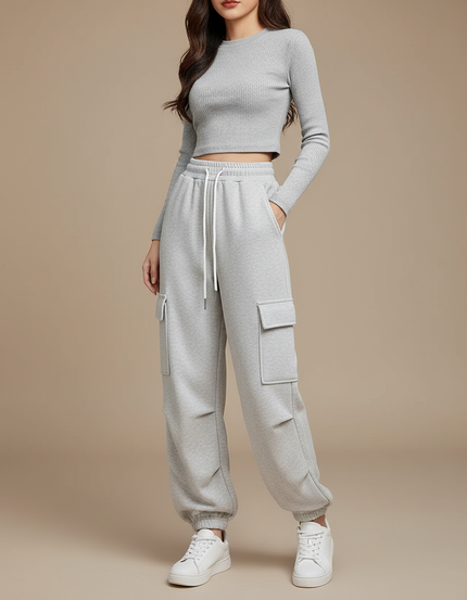 Pantalon Cargo Gris Ample Molletonné Multipoches Décontracté