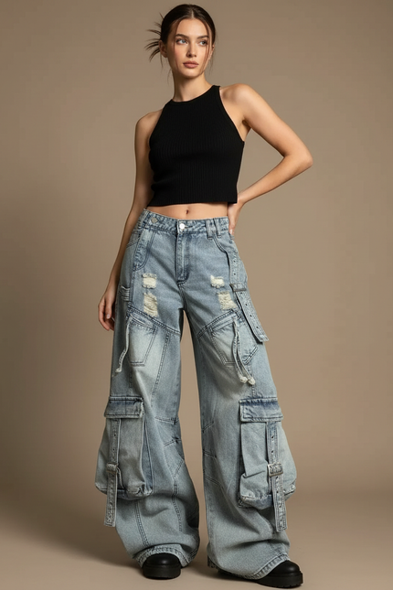 Pantalon Cargo Denim Ample Streetwear Multipoches Femme - Bleu Jean
