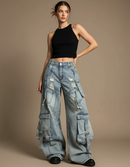Pantalon Cargo Denim Ample Streetwear Multipoches Femme - Bleu Jean