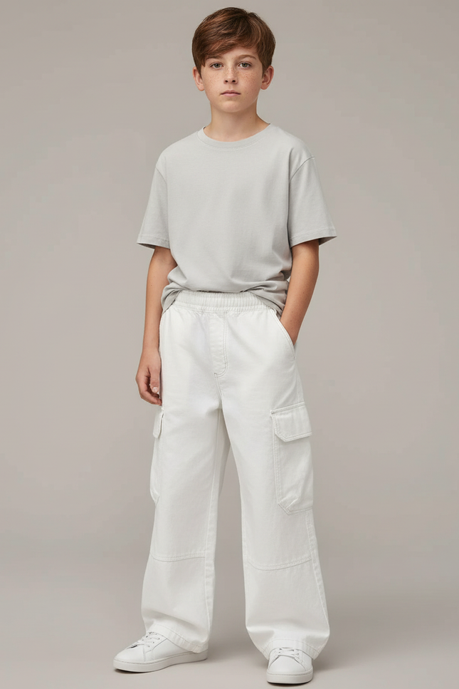 Pantalon Cargo Blanc Ample Décontracté Multipoches Garçon - Jean