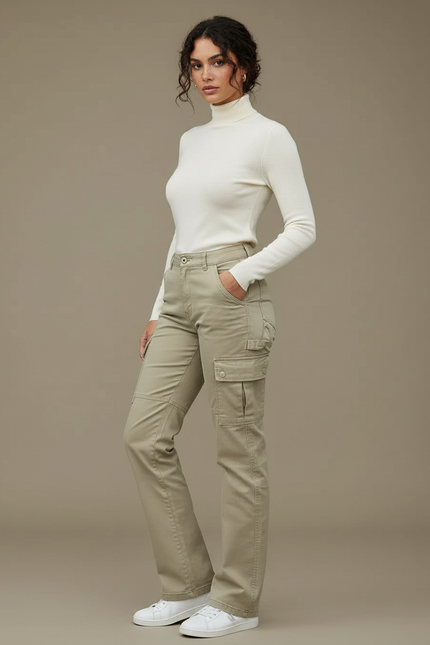Pantalon Cargo Beige Coupe Droite Multipoches Femme - Toile