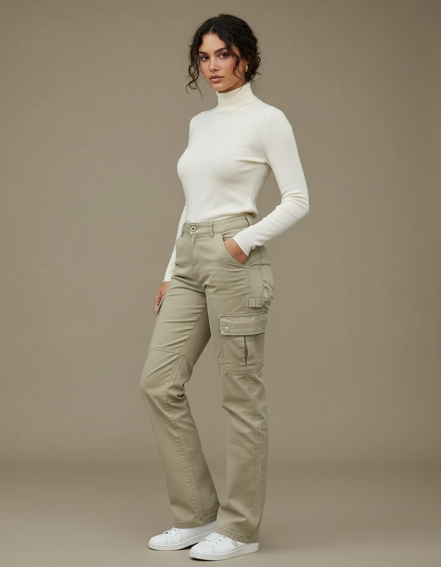 Pantalon Cargo Beige Coupe Droite Multipoches Femme - Toile