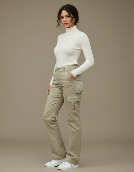 Pantalon Cargo Beige Coupe Droite Multipoches Femme - Toile