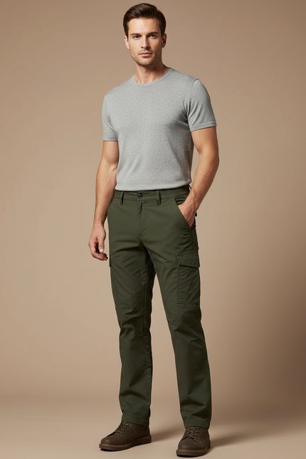Pantalon Cargo Vert Kaki Coton Multipoches Homme - Toile