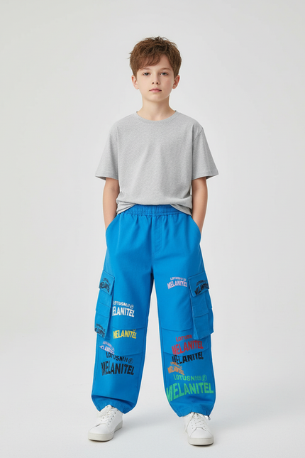 Pantalon Cargo Bleu Imprimé Ample Garçon Streetwear - Toile