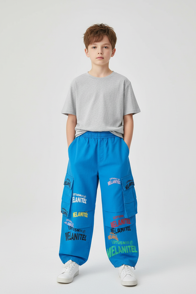 Pantalon Cargo Bleu Imprimé Ample Garçon Streetwear - Toile