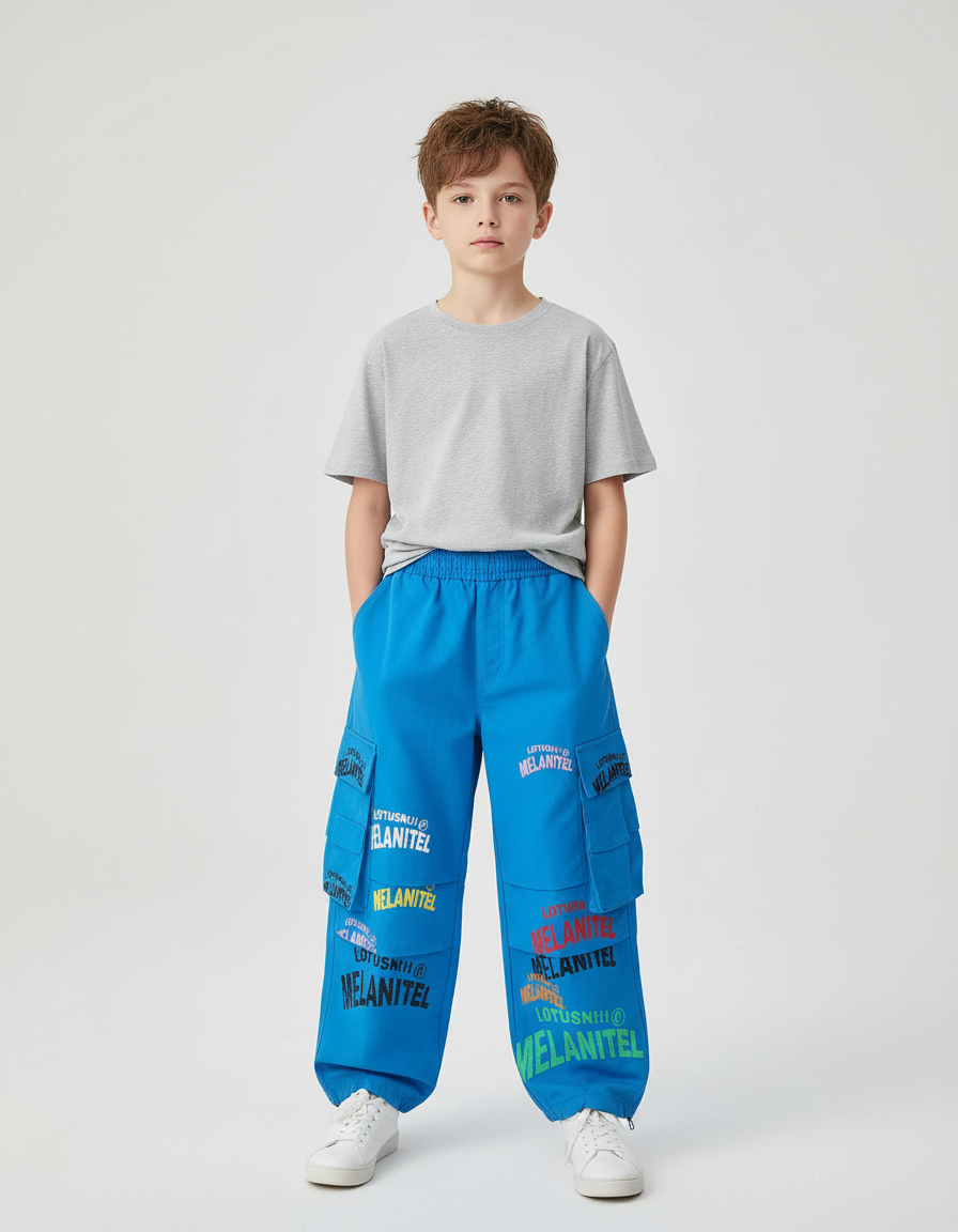 Pantalon Cargo Bleu Imprimé Ample Garçon Streetwear - Toile