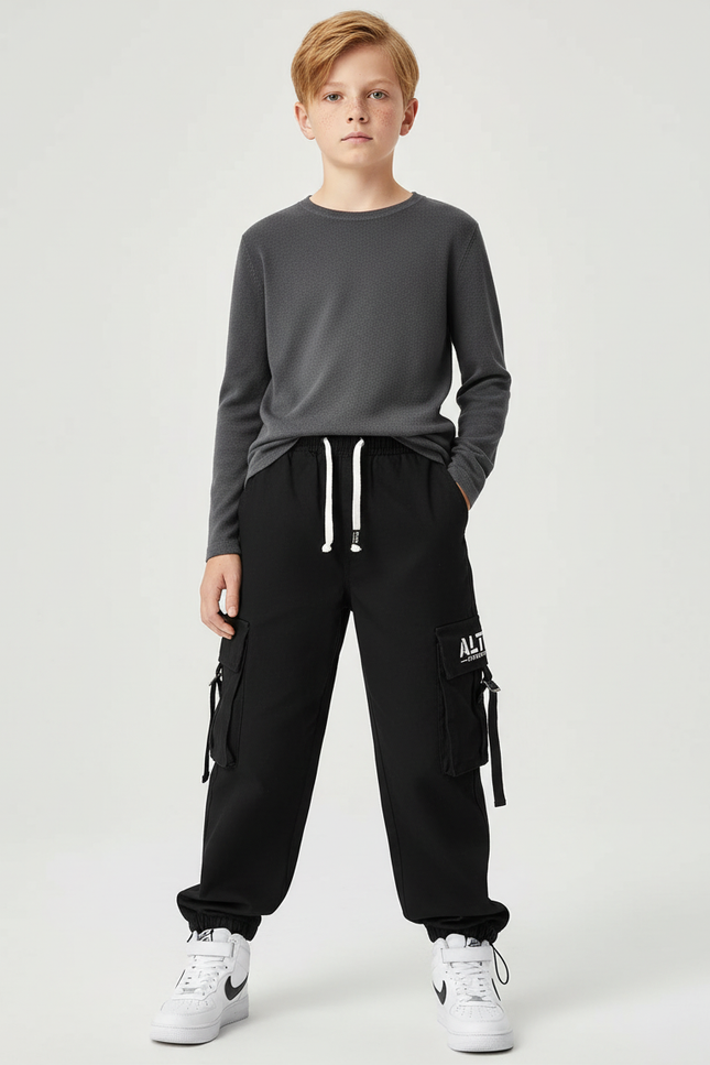 Pantalon Cargo Noir Décontracté Multipoches Enfant Garçon - Polyester