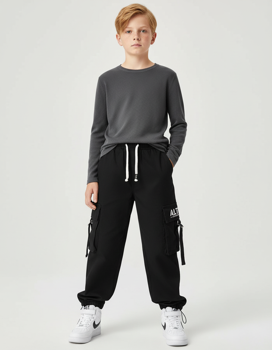 Pantalon Cargo Noir Décontracté Multipoches Enfant Garçon - Polyester