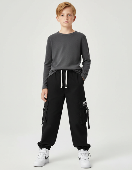 Pantalon Cargo Noir Décontracté Multipoches Enfant Garçon - Polyester