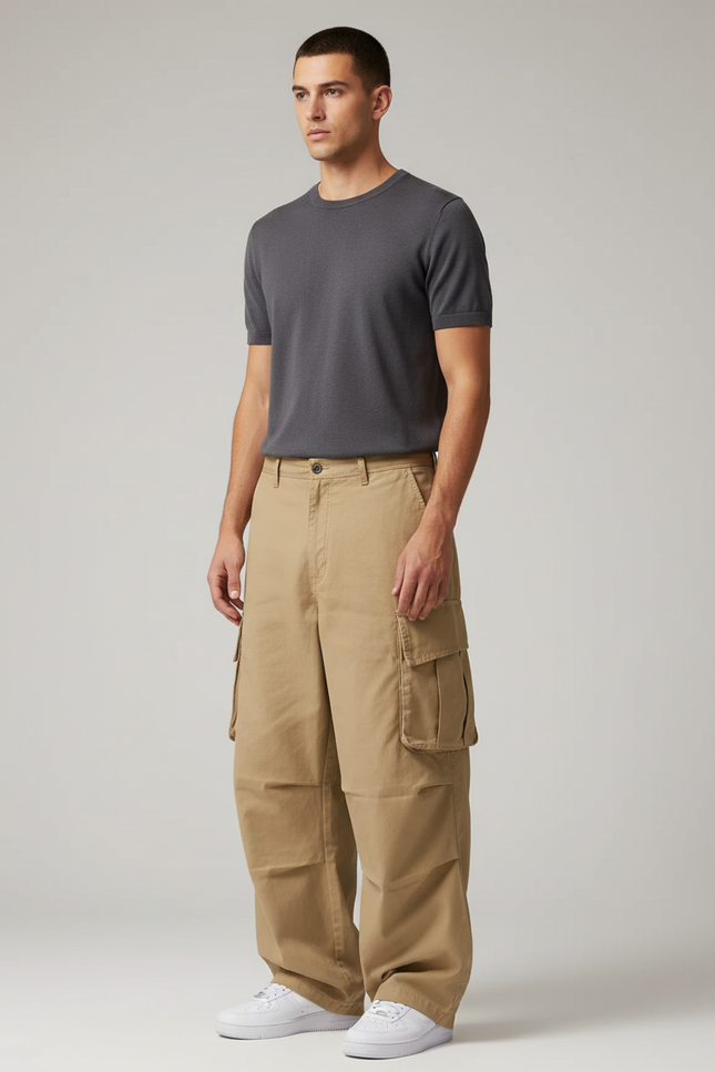 Pantalon Cargo Beige Ample Multipoches Coton Homme - Toile
