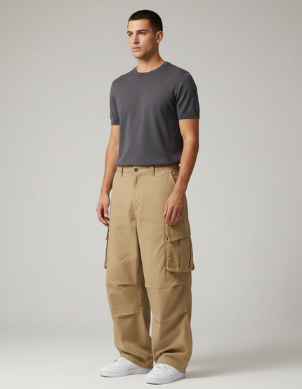 Pantalon Cargo Beige Ample Multipoches Coton Homme - Toile