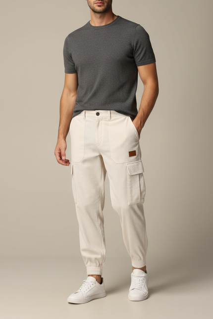 Pantalon Cargo Beige Côtelé Jogger Décontracté Homme - Cordé