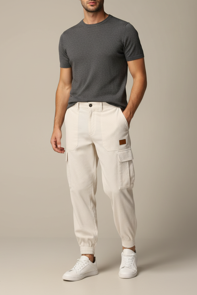 Pantalon Cargo Beige Côtelé Jogger Décontracté Homme - Cordé