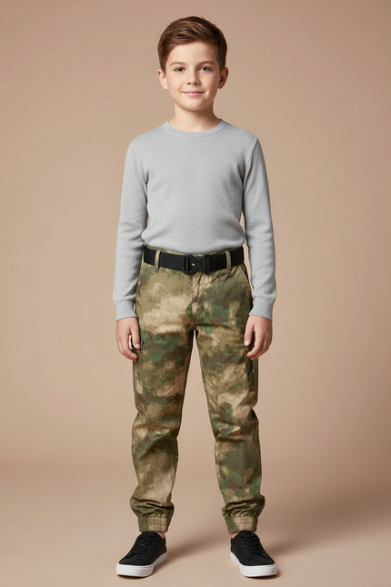 Pantalon Cargo Camouflage Enfant Multi-Poches Coton Jogger - Imprimé