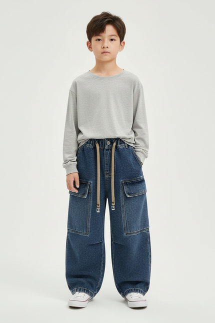 Pantalon Cargo Denim Bleu Ample Garçon Décontracté - Jean