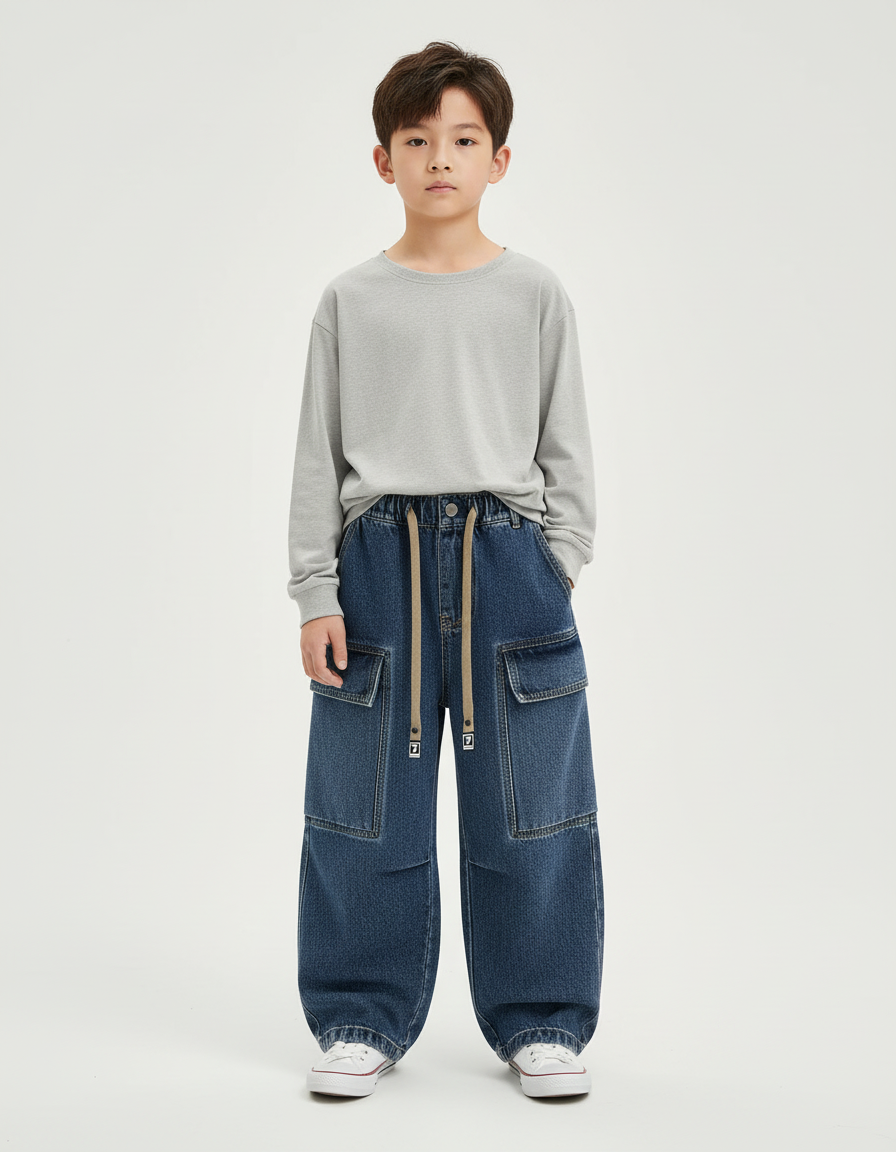 Pantalon Cargo Denim Bleu Ample Garçon Décontracté - Jean