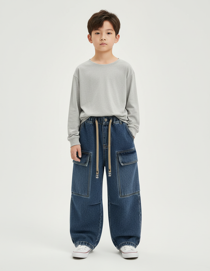 Pantalon Cargo Denim Bleu Ample Garçon Décontracté - Jean