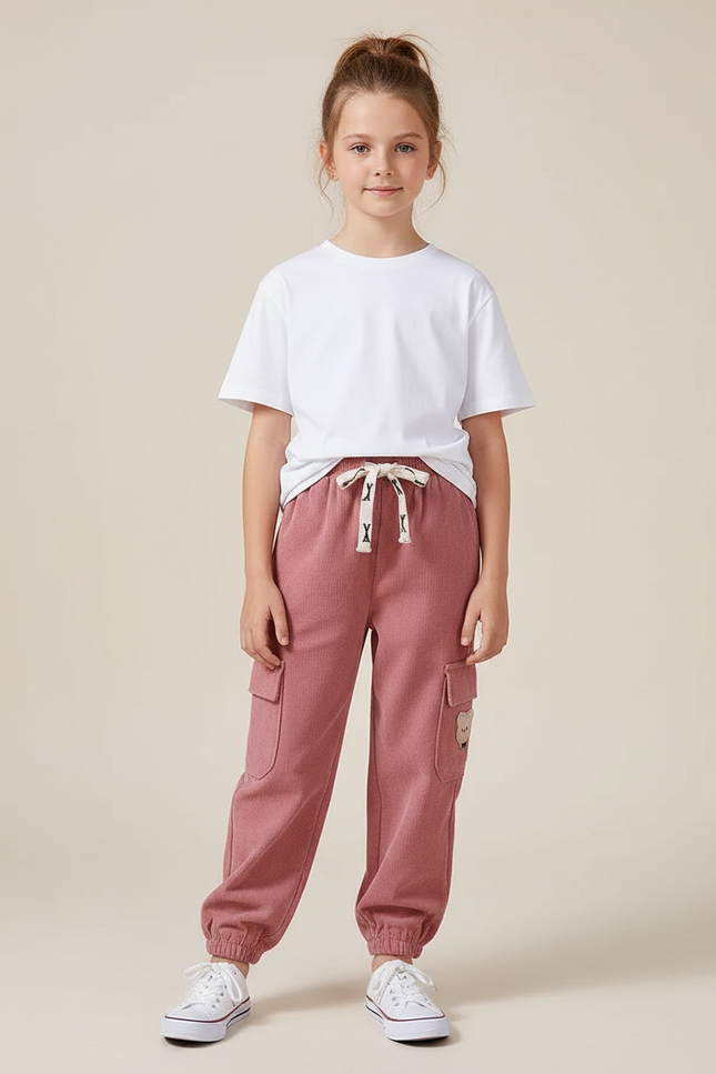 Pantalon Cargo Rose Côtelé Ample Fille Décontracté - Cordé