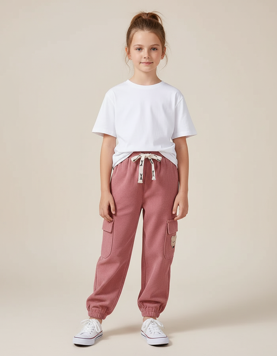 Pantalon Cargo Rose Côtelé Ample Fille Décontracté - Cordé