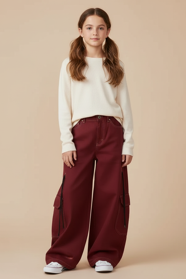 Pantalon Cargo Bordeaux Ample Décontracté Fille - Gabardine