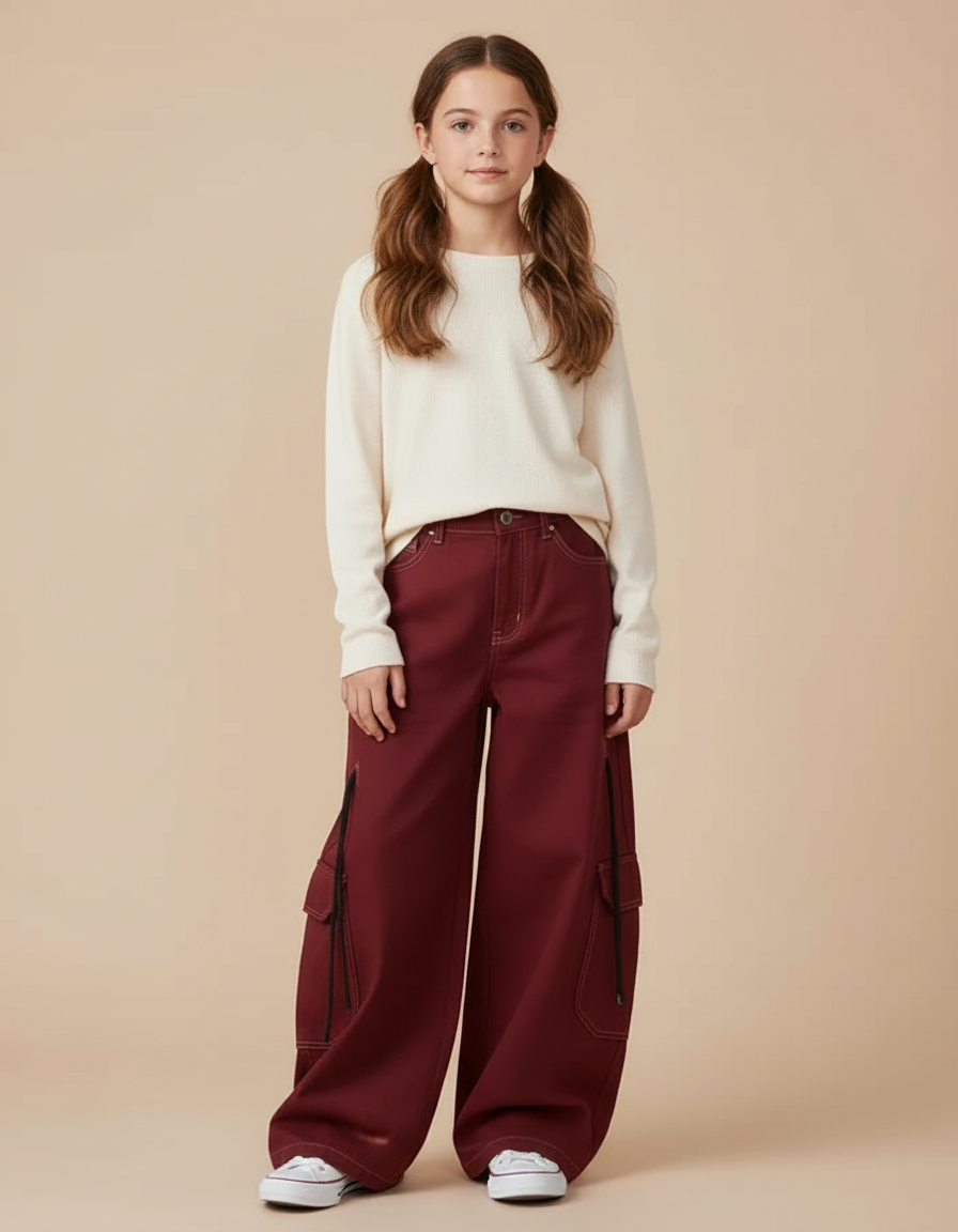 Pantalon Cargo Bordeaux Ample Décontracté Fille - Gabardine