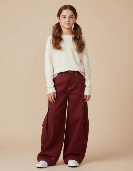 Pantalon Cargo Bordeaux Ample Décontracté Fille - Gabardine