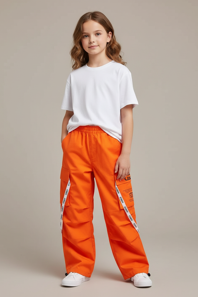 Pantalon Cargo Orange Ample Enfant Poches Larges - Toile
