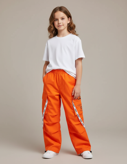 Pantalon Cargo Orange Ample Enfant Poches Larges - Toile
