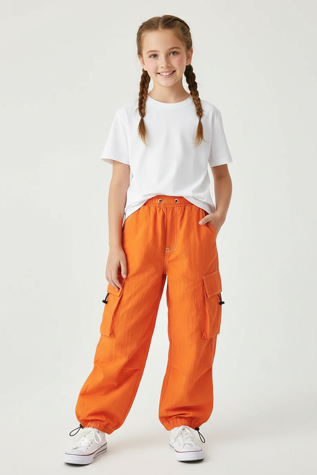 Pantalon Cargo Orange Ample Enfant Poches Jogger - Polyester
