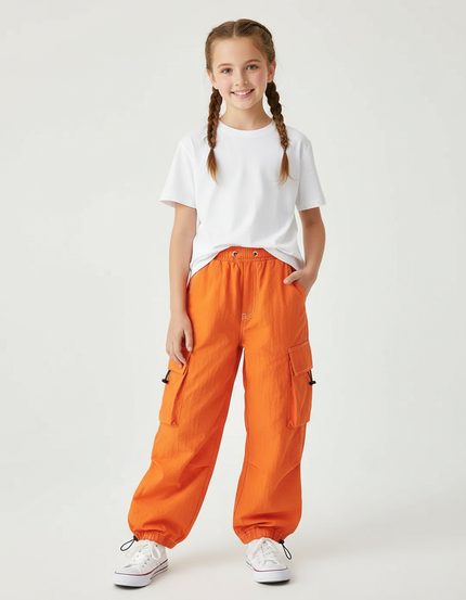 Pantalon Cargo Orange Ample Enfant Poches Jogger - Polyester