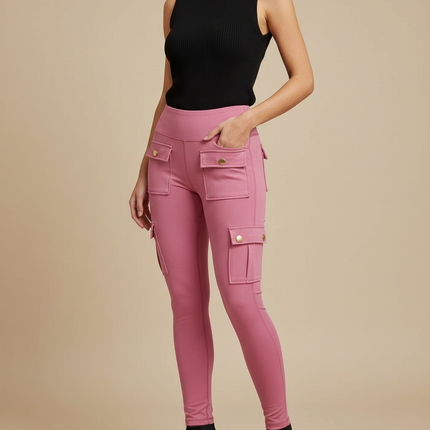 Pantalon Cargo Rose Slim Multipoches Femme Élégant - Polyester