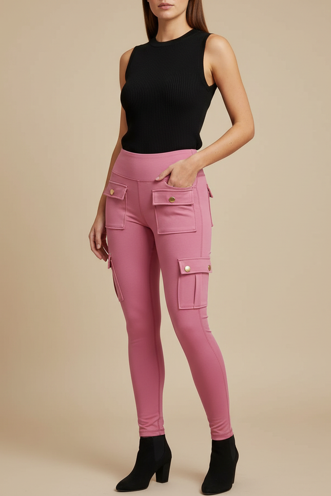 Pantalon Cargo Rose Slim Multipoches Femme Élégant - Polyester