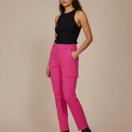 Pantalon Cargo Rose Fuchsia Femme Taille Élastique - Polyester