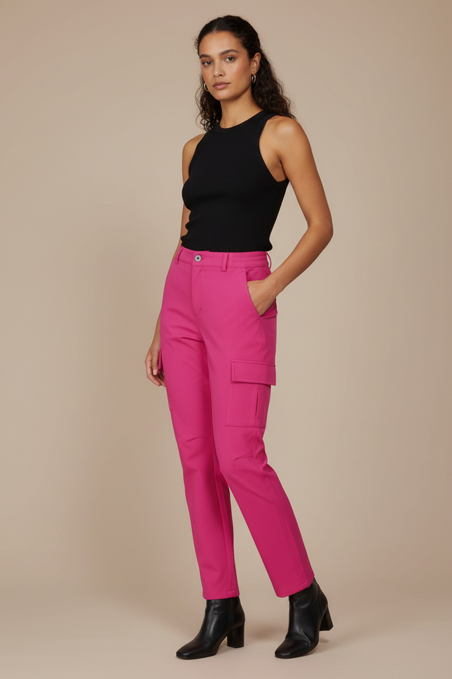 Pantalon Cargo Rose Fuchsia Femme Taille Élastique - Polyester