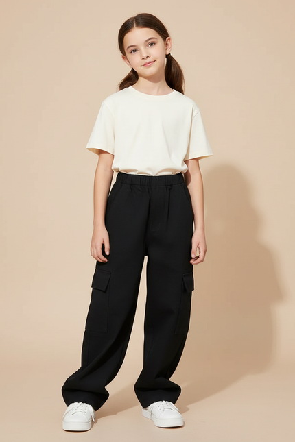 Pantalon Cargo Noir Ample Décontracté Fille - Gabardine