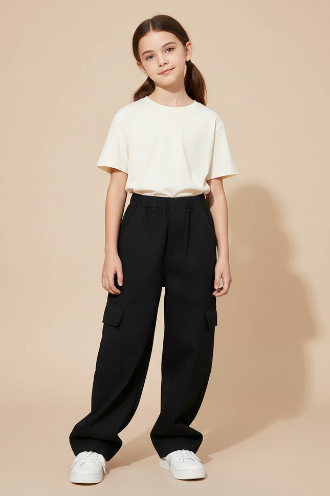 Pantalon Cargo Noir Ample Décontracté Fille - Gabardine