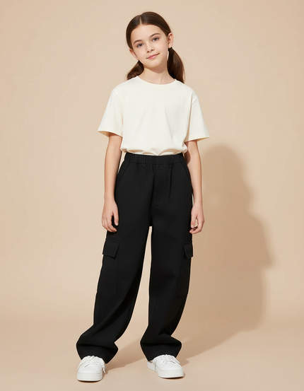 Pantalon Cargo Noir Ample Décontracté Fille - Gabardine