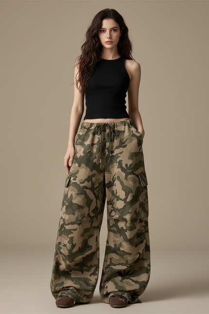 Pantalon Cargo Camouflage Ample Taille Haute Femme - Imprimé Toile