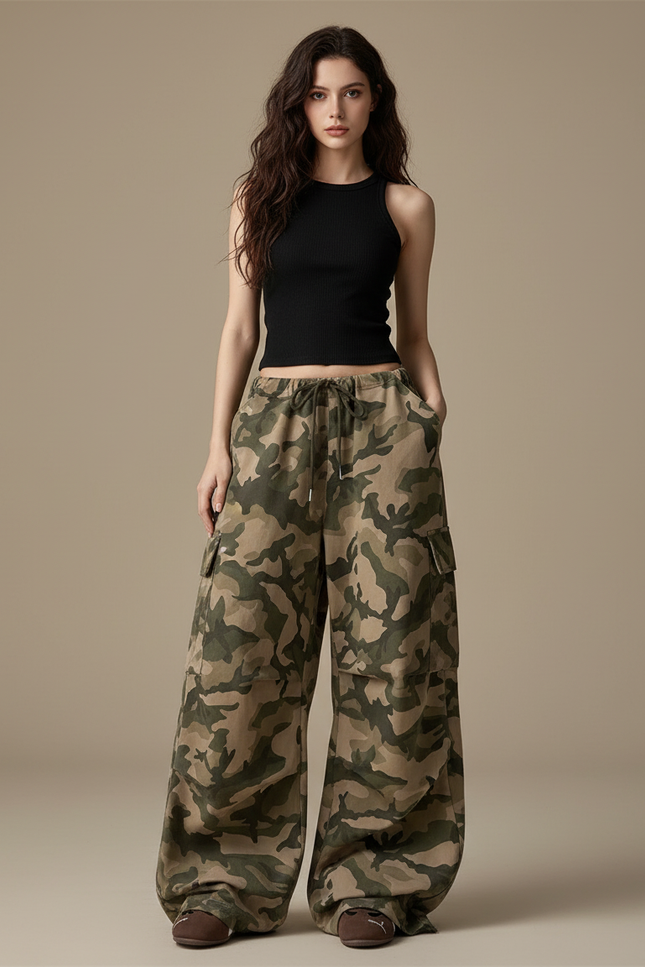 Pantalon Cargo Camouflage Ample Taille Haute Femme - Imprimé Toile