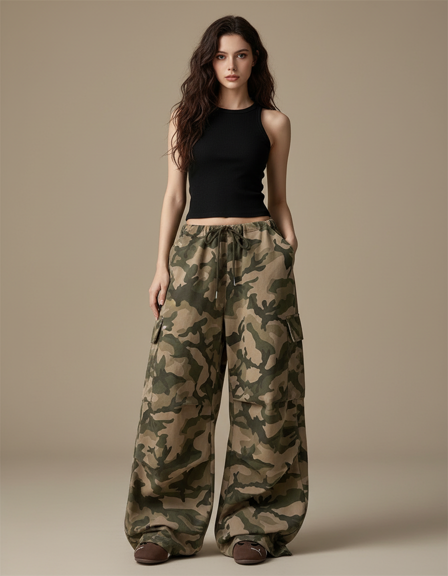 Pantalon Cargo Camouflage Ample Taille Haute Femme - Imprimé Toile