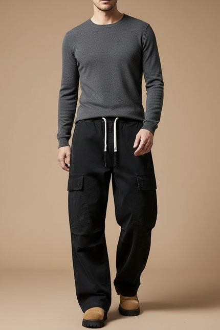Pantalon Cargo Noir Ample Coton Multipoches Décontracté - Toile