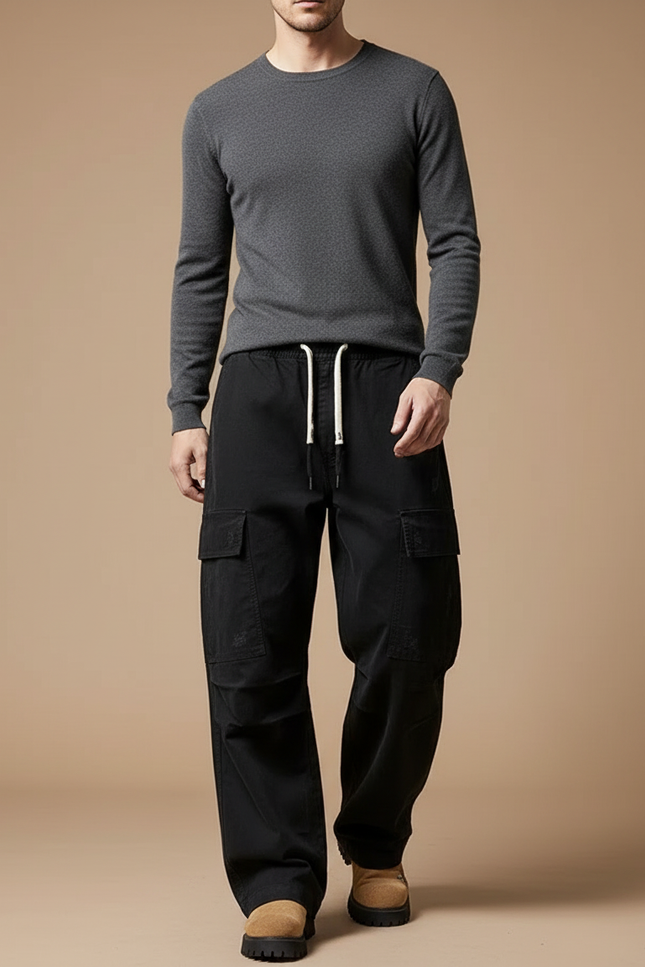 Pantalon Cargo Noir Ample Coton Multipoches Décontracté - Toile