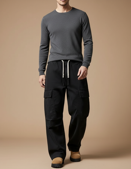 Pantalon Cargo Noir Ample Coton Multipoches Décontracté - Toile