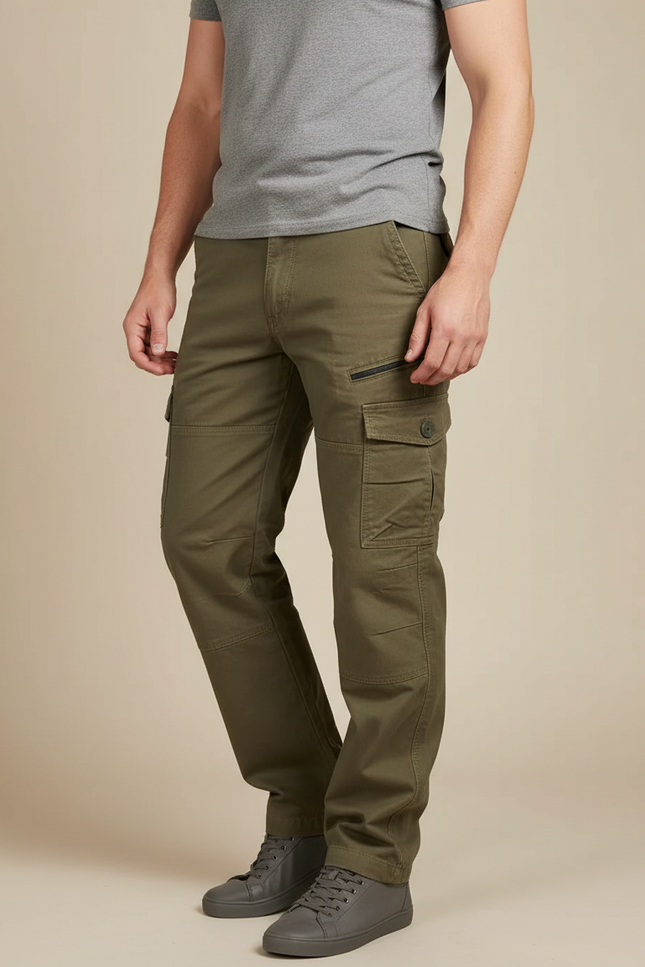 Pantalon Cargo Kaki Droit Coton Décontracté Multipoches