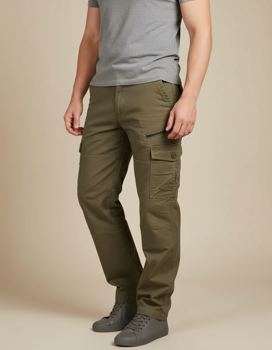 Pantalon Cargo Kaki Droit Coton Décontracté Multipoches