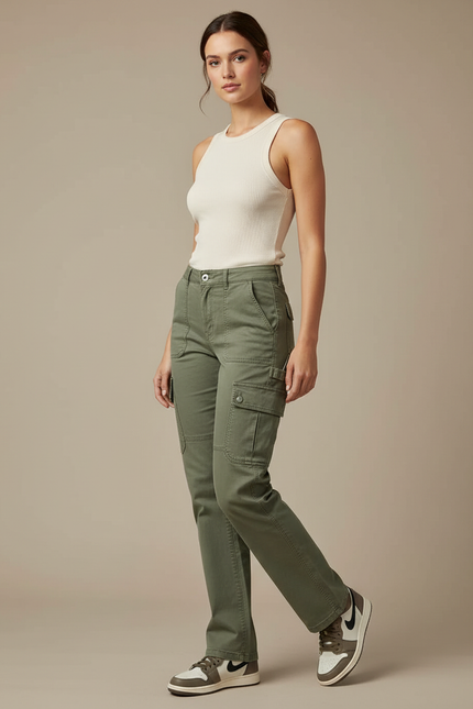 Pantalon Cargo Vert Kaki Coton Multipoches Décontracté Femme